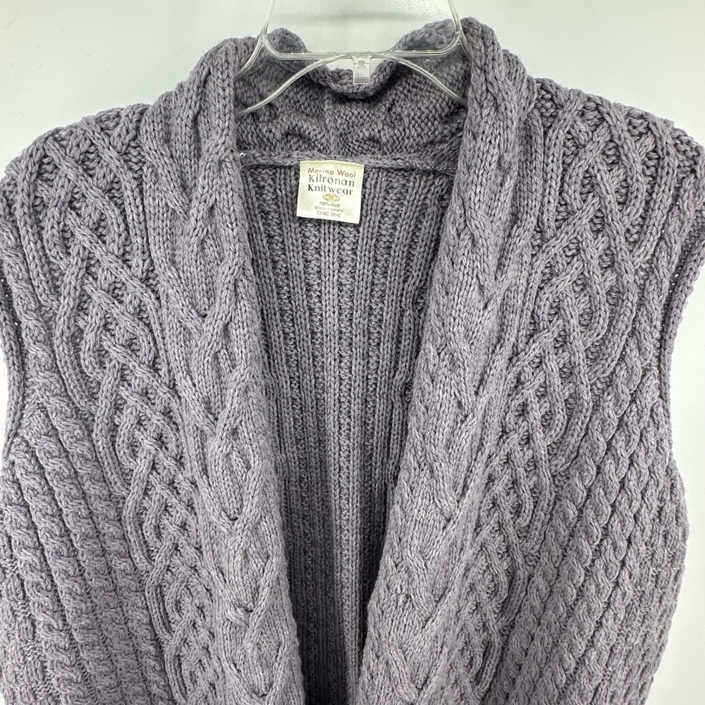 Kilronan Knitwear Merino Wool Cable Knit Vest Purple Ireland Made Shawl Collar - Picture 6 of 13